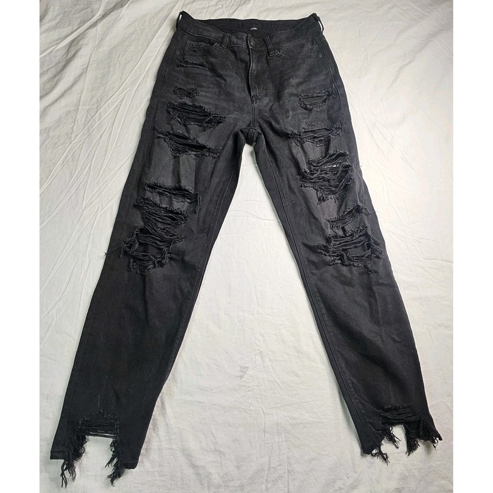 American Eagle Strigid Black Ripped Mom Jeans Women's Size 8 Distressed High...